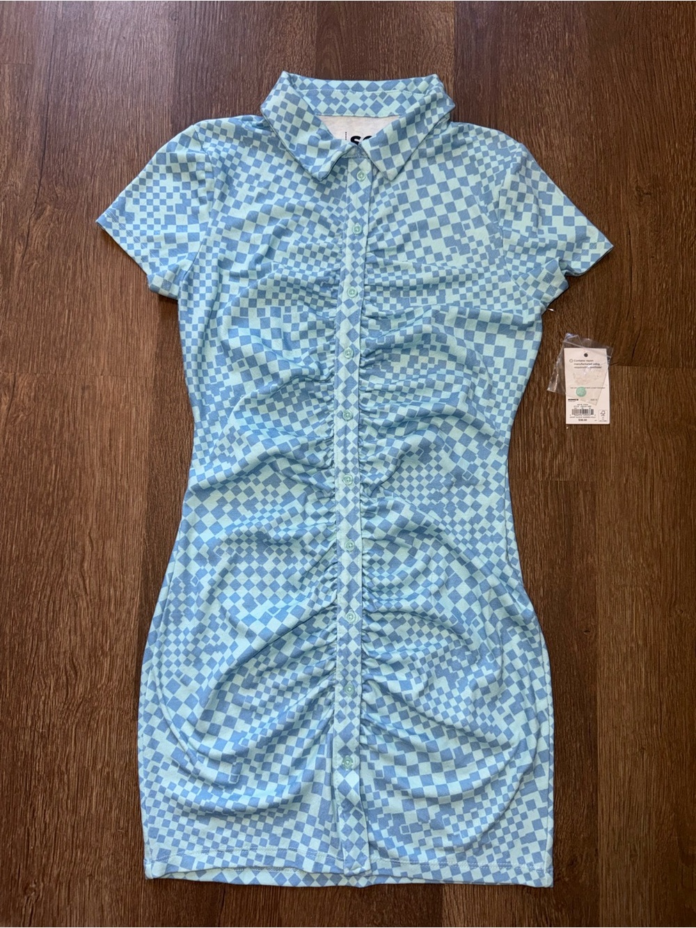 SO Blue Pattern Collared Button Front Ruched Short Sleeve Shirt Dress Women S